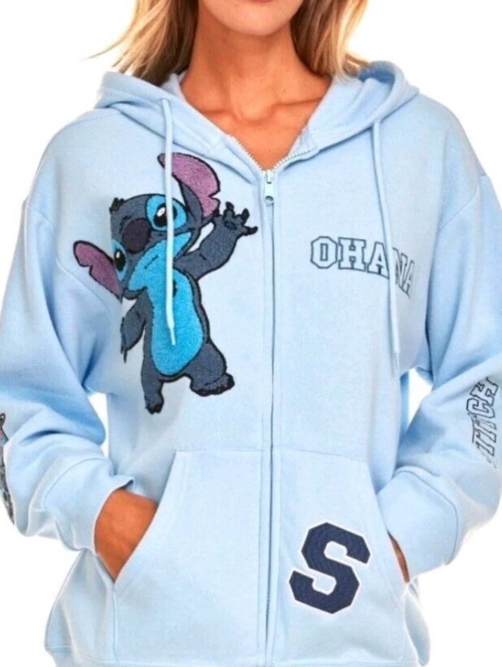 Disney Lilo & Stich Womens Light Blue Zip-Up Hoodie with Stitch Appliqué Size Xl